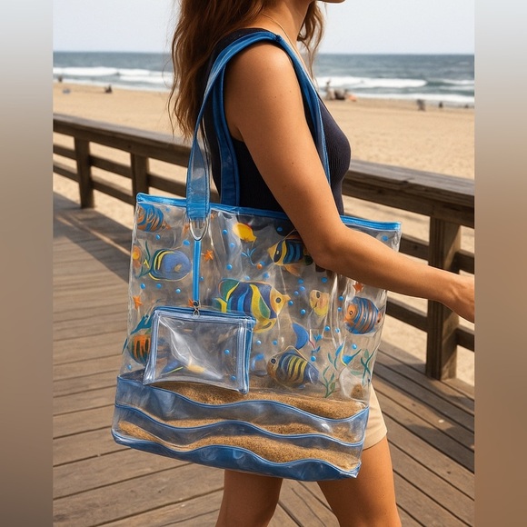 Clear Fish Print Beach Tote w/ Sand Wave Bottom - Picture 10 of 11